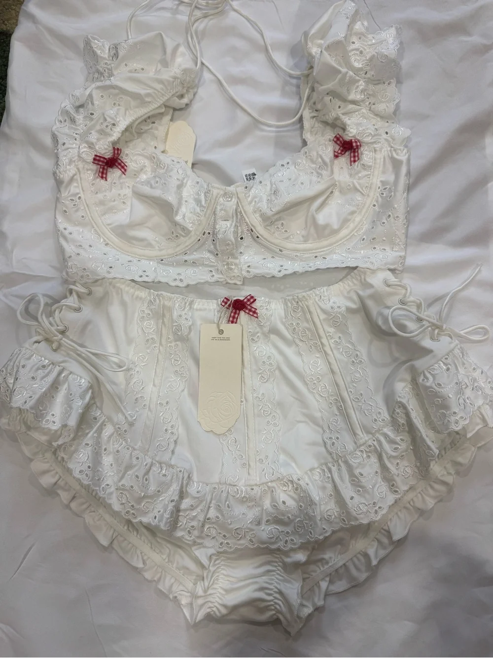 For Love & Lemons SET White Eyelet Martha Bra and High-Waist Corset Bloomer - S